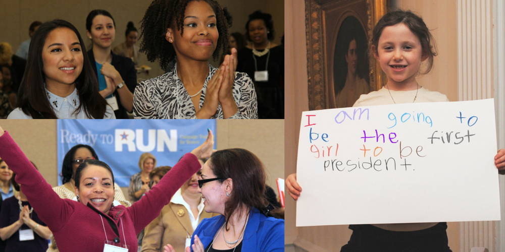 Young women applauding at conference.Young girl holding handwritten sign saying, "I am going to be the first girl to be president." 