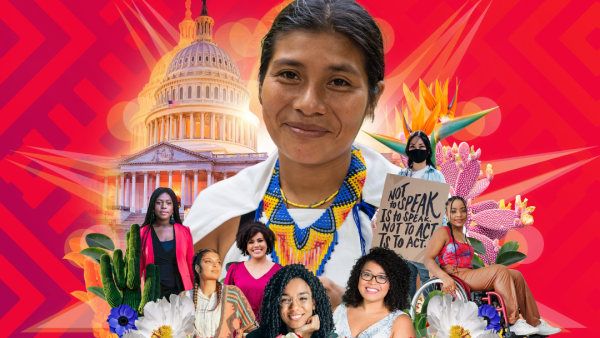 Latina faces in front of the U.S. Capitol building