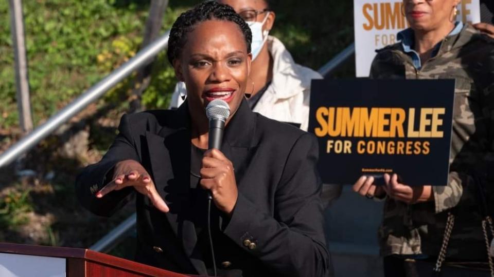 U.S. Representative Summer Lee speaking at campaign event