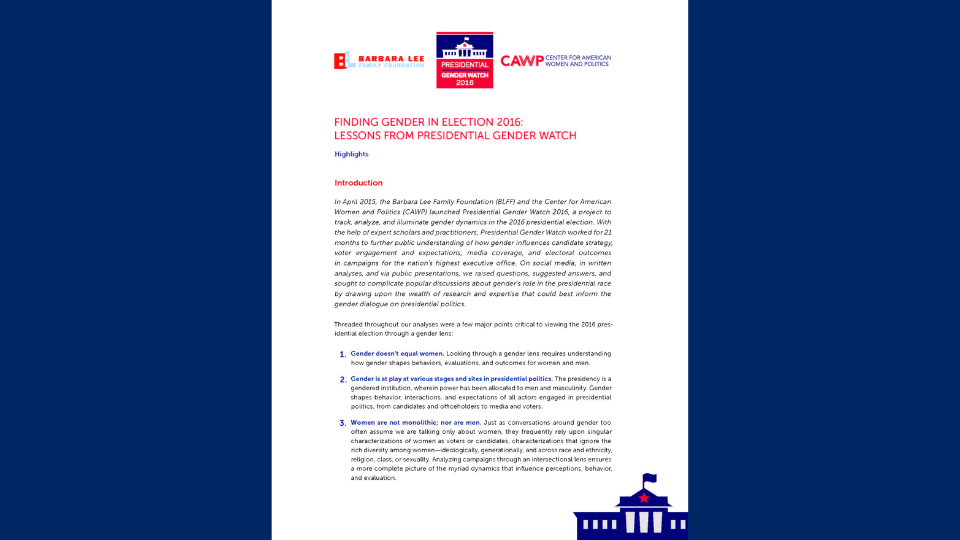 finding gender in election 2016 report cover page with text