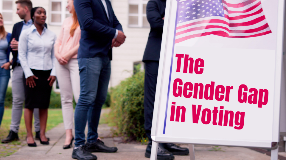 Men and women waiting in line, with a sign that says "The Gender Gap in Voting"