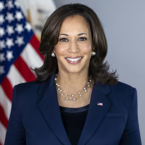 Kamala Harris smiling in dark suit with American flag to her left
