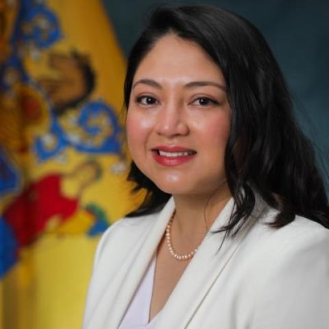Head shot of Maria Del Cid-Kosso wearing a white shirt and white jacket against a backdrop of the NJ State flag