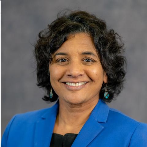 Head shot of Shanti Narra wearing blue jacket against gray background