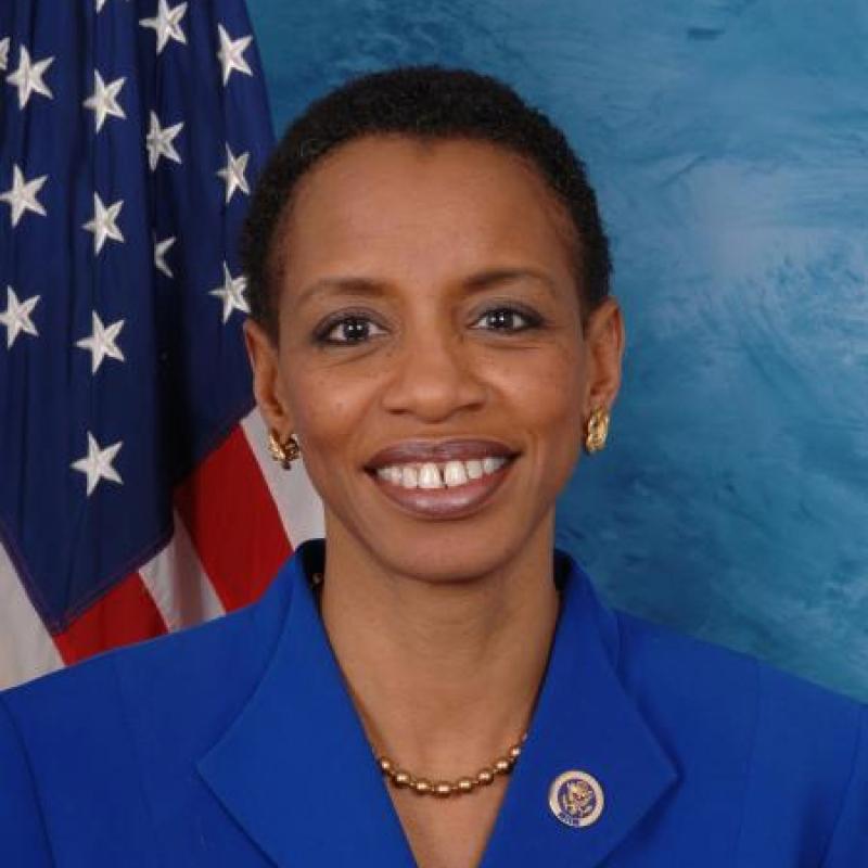 Donna Edwards head shot, wearing blue jacket in front of American flag