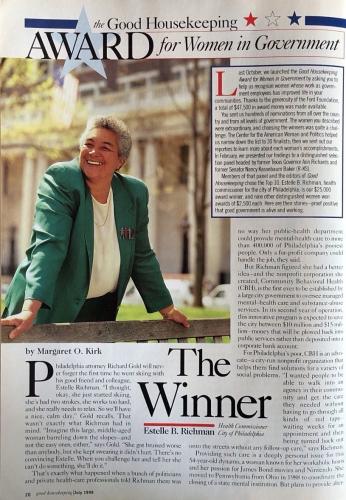 Image of magazine page announcing winner of the Good Housekeeping award for women in government