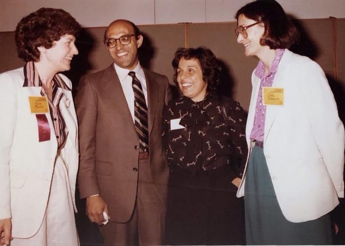 CAWP co-directors Ruth B. Mandel (L) and Ida Schmertz (R) with Donna Shalala (second from R), assistant secretary for policy development and research at the US Department of Housing and Urban Development. (Man is unidentified.)  