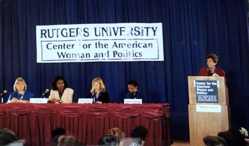 Panel at the 1991 Forum for Women State Legislators. From L to R: Susan Deller Ross, Anita Hill, Kimberle Crenshaw, Deborah Rhode, and Ruth B. Mandel.