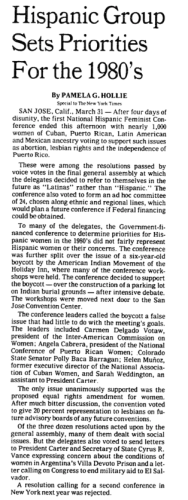 A newspaper clipping of a New York Times article on the first National Hispanic Feminist Conference