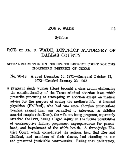 The first page of Roe versus Wade