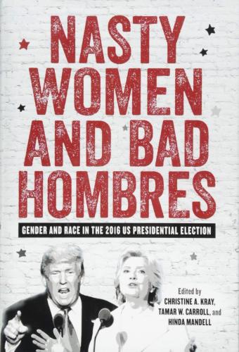 Book cover, gray background with black and whites of Donald Trump and Hilary Clinton speaking at microphones