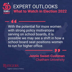 With the potential for more women with strong policy motivations serving on school boards, it is possible we may see a shift in how a school board seat positions women to run for higher office.